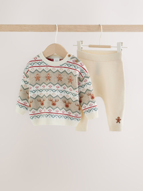 Neutral Fairisle Christmas Knitted Jumper and Leggings Set (0mths-2yrs)