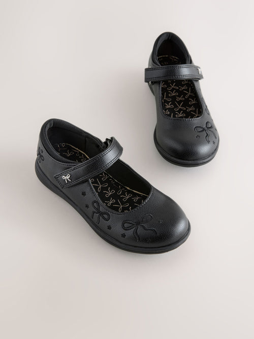 Black Matt Wide Fit (G) Embroidery Bow Mary Jane School Shoes