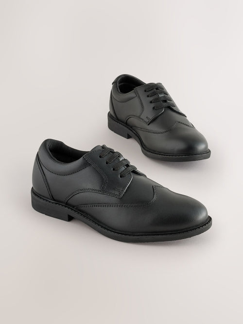 Black Smart Leather Elastic Lace School Shoes