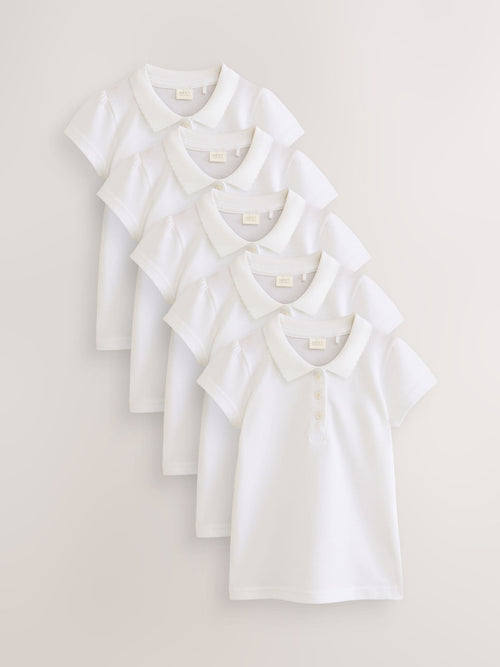 White Slim Fit Girls 5 Pack 100% Cotton Short Sleeve Polo Shirts (3-16yrs)
