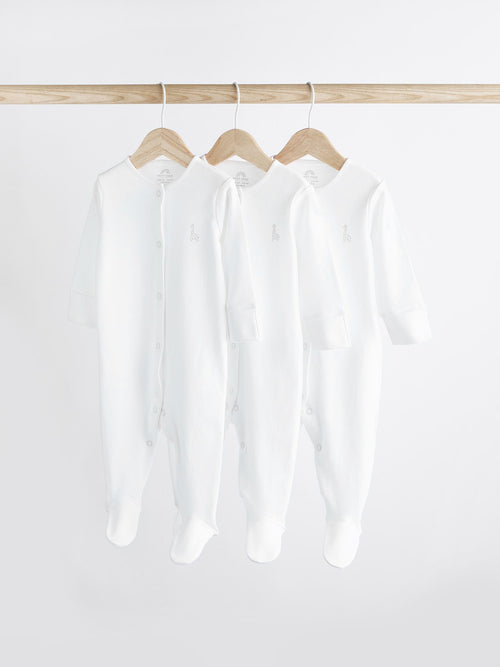 White 3 Pack 100% Cotton Baby Sleepsuits (0-18mths)