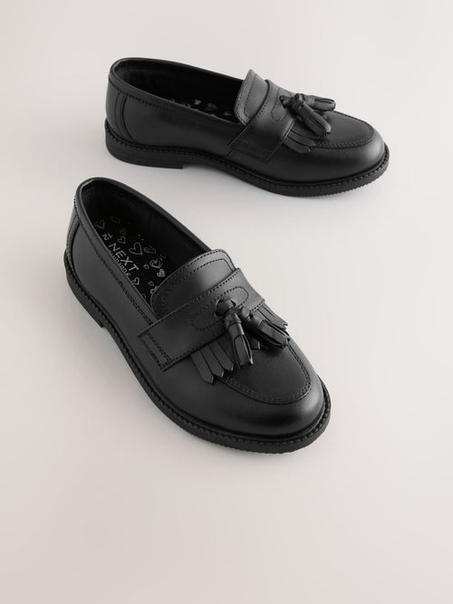 Matt Black Wide Fit (G) Leather Tassel Loafer School Shoes
