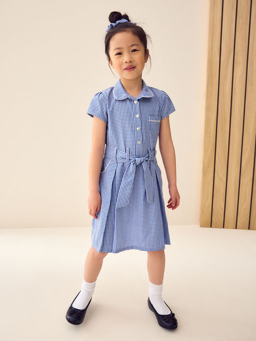 Mid Blue Gingham Cotton Rich Belted School Dress with Scrunchie (3-14yrs)