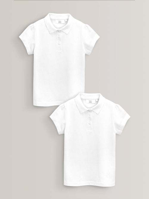 White Regular Fit Girls 2 Pack Cotton Short Sleeve Polo Shirts (3-16yrs)