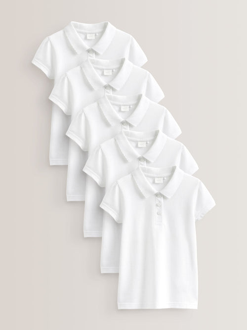 White Regular Fit Girls 5 Pack 100% Cotton Short Sleeve Polo Shirts (3-16yrs)