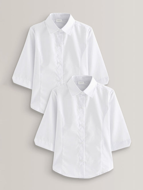 White Regular Fit Girls 2 Pack Three Quarter Sleeve School Blouses (3-17yrs)