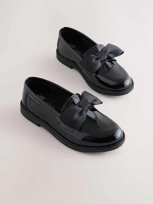 Black Patent Wide Fit (G) Leather Bow Loafer School Shoes