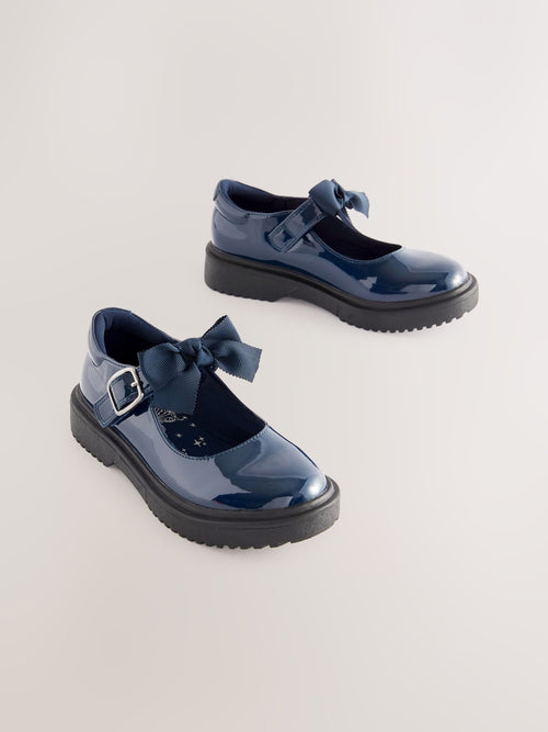 Navy Patent Standard Fit (F) Bow Chunky Mary Jane School Shoes