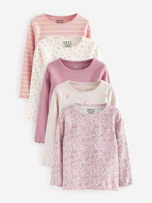 Pink Long Sleeve Ribbed Tops 5 Pack (3mths-7yrs)