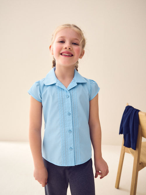 Blue Regular Fit Girls Puff Sleeve Lace Trim School Blouse (3-14yrs)