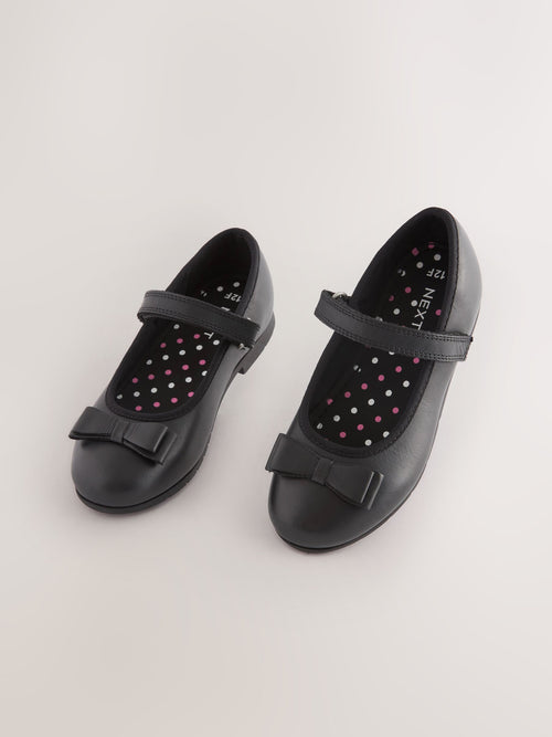 Black Matt Narrow Fit (E) School Leather Bow Mary Jane Shoes