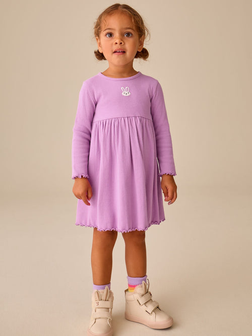 Lilac Bunny Embroidery Long Sleeve Ribbed Dress (3mths-7yrs)