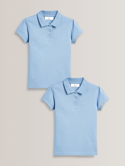 Blue Regular Fit Girls 2 Pack Cotton Short Sleeve Polo Shirts (3-16yrs)