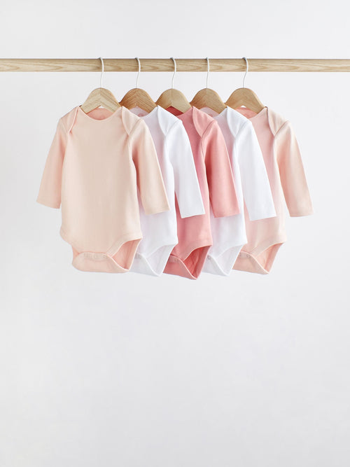 Pink/White 5 Pack Essential Long Sleeve Baby Bodysuits