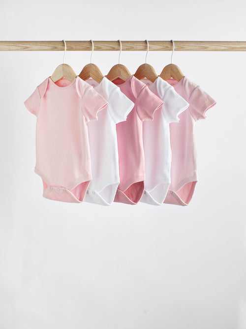 Pink/White 5 Pack Essential Short Sleeve Baby Bodysuits