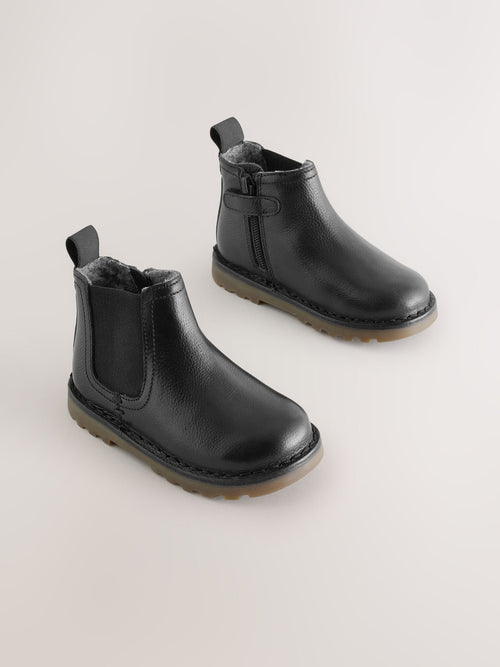 Black Warm Lined Leather Chelsea Boots