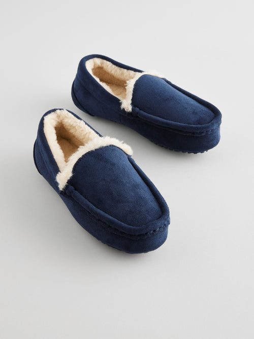 Navy Blue with Neutral Warm Lining Cosy Moccasin Slippers