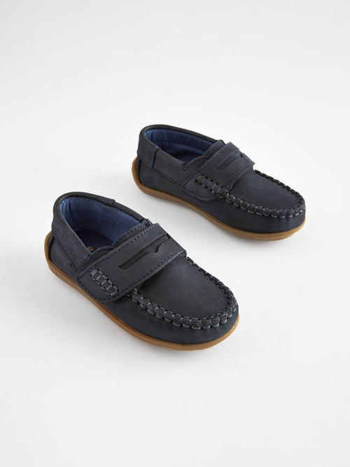 Navy Touch Fastening Leather Penny Loafers