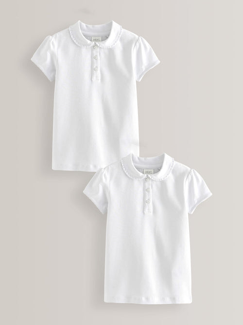 White Girls Cotton Stretch Frill Collar School Polo Tops 2 Pack (3-16yrs)