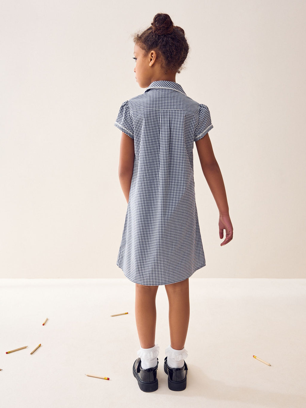 Navy Cotton Rich Button Front Lace Gingham School Dress (3-14yrs)