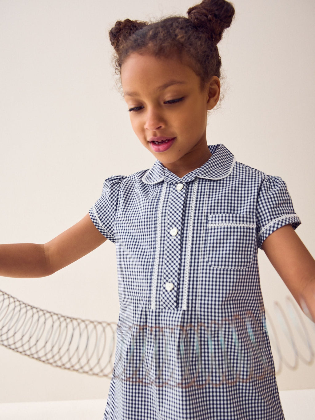 Navy Cotton Rich Button Front Lace Gingham School Dress (3-14yrs)