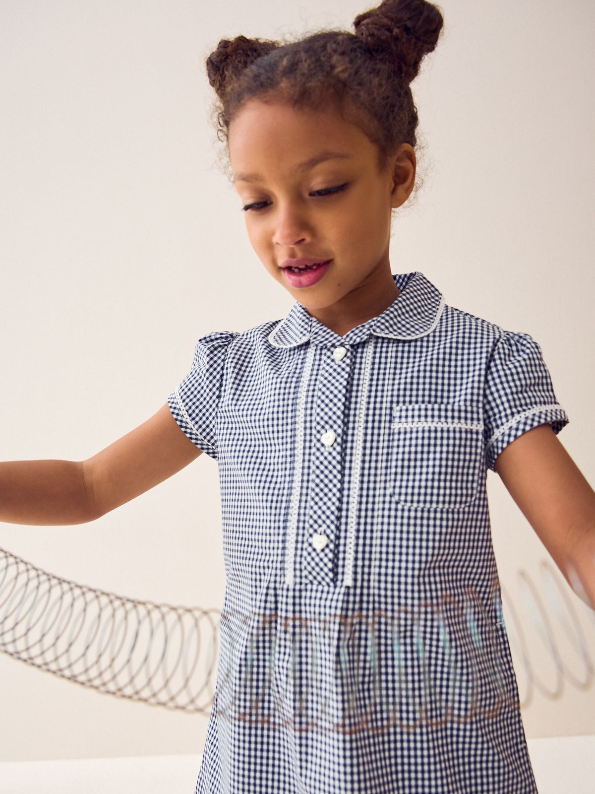 Navy Cotton Rich Button Front Lace Gingham School Dress (3-14yrs)