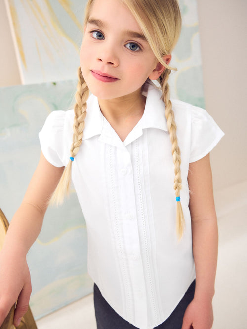 White Slim Fit Girls Puff Sleeve Lace Trim School Blouse (3-14yrs)