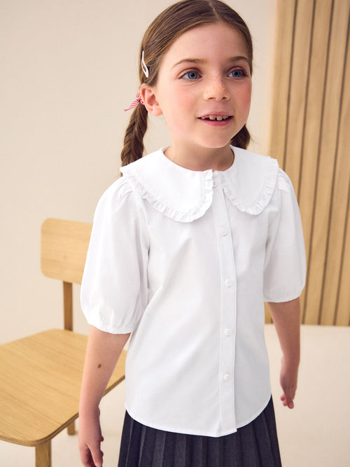 White Girls Premium Cotton Rich Frill Collar School Blouse (3-14yrs)