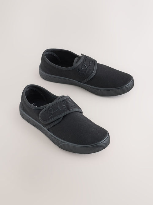 Black Embroidered Strap School Plimsolls