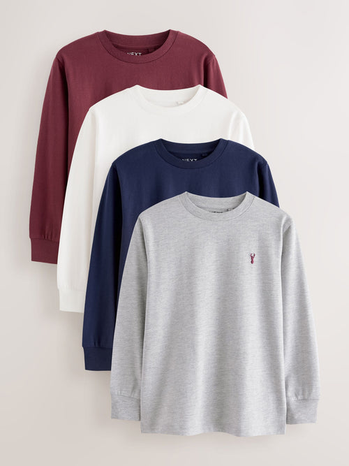 Berry Red/Grey/White/Blue Stag Logo Long Sleeve Cosy T-Shirts 4 Pack (3-16yrs)
