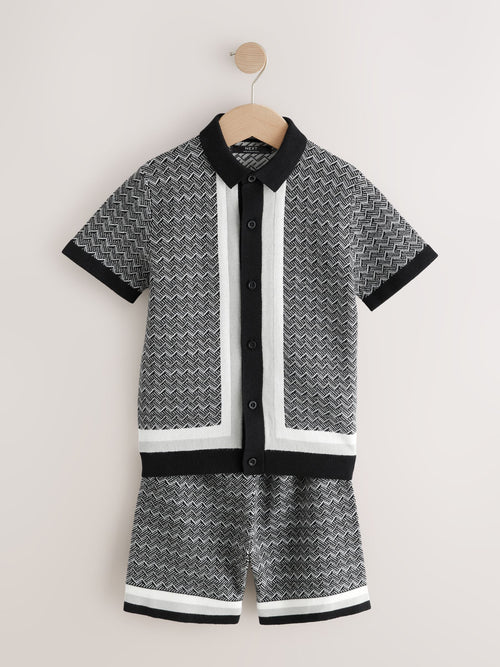 Monochrome Geo Knitted Button Through Polo Shirt and Shorts Set (3-16yrs)