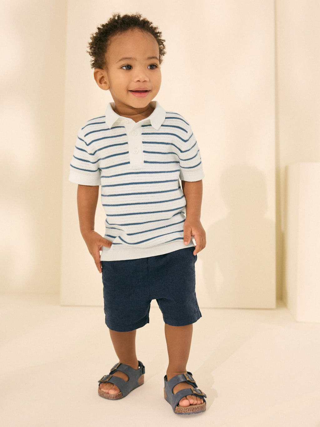 Navy Blue/White Button Neck Knitted 100% Cotton Polo Shirt (3mths-7yrs)