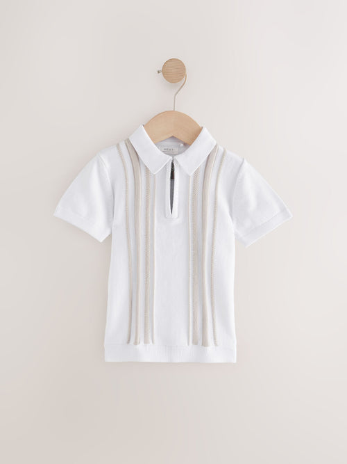 White Vertical Stripe 100% Cotton Knitted Zip Neck Polo Shirt (3mths-7yrs)
