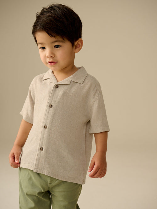 Neutral Plain Short Sleeves Linen Blend Revere Collar Shirt (3mths-7yrs)