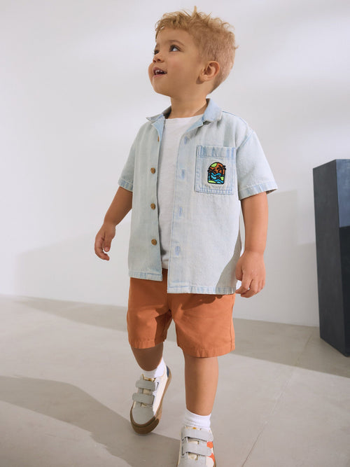 Blue Denim Short Sleeve Revere Collar Backprint Shirt (3mths-7yrs)