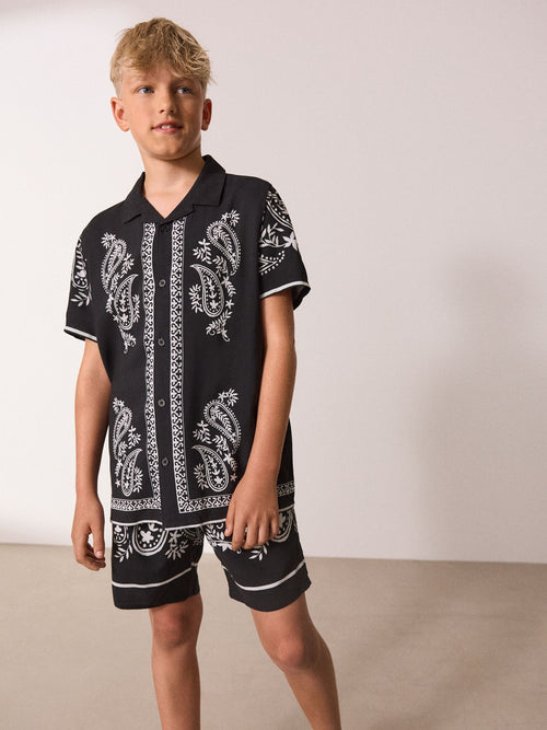 Black/White Short Sleeve Boarder Printed Shirt and Shorts Set (3-16yrs)