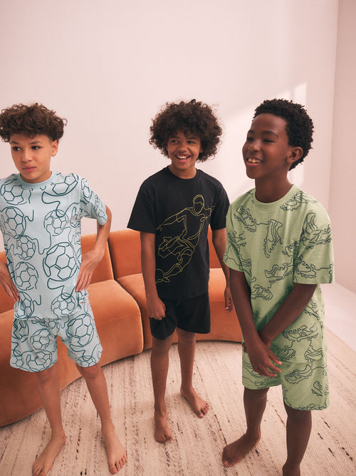 Blue/ Black/ Green Football Short Pyjamas 3 Pack (4-16yrs)