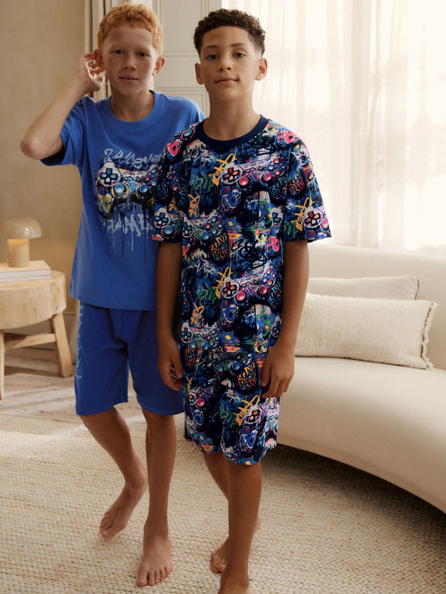 Multi Bright Graffiti Gamer Short Pyjamas 2 Pack (3-16yrs)