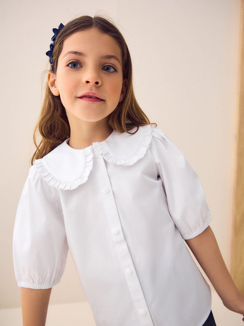 White Girls Touch Fastening Cotton Rich Frill Collar School Blouse (3-14yrs)
