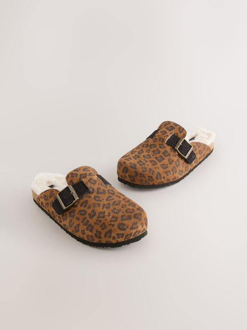 Brown Leopard Print Suede Slip-Ons Clogs