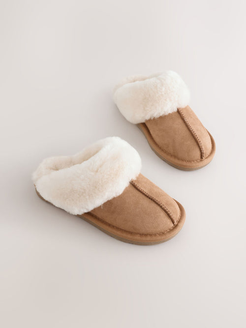 Tan Brown Suede Sheepskin Lined Mule Slippers