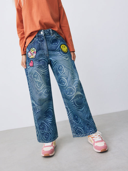 Mid Blue SmileyWorld® Print Wide Leg Jeans (3-16yrs)