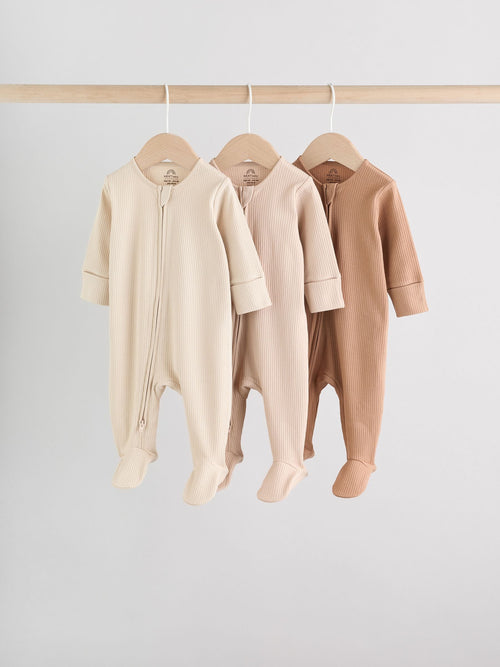 Beige Two Way Zip Sleepsuits 3 Pack (0-2yrs)