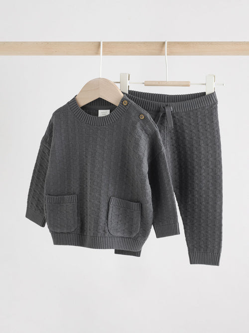 Charcoal Grey Baby Textured Knitted 100% Cotton Jumper and Leggings Set (0mths-3yrs)