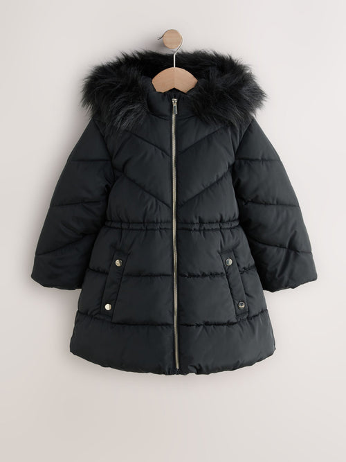 Black Shower Resistant Faux Fur Trim Padded Coat (3-16yrs)
