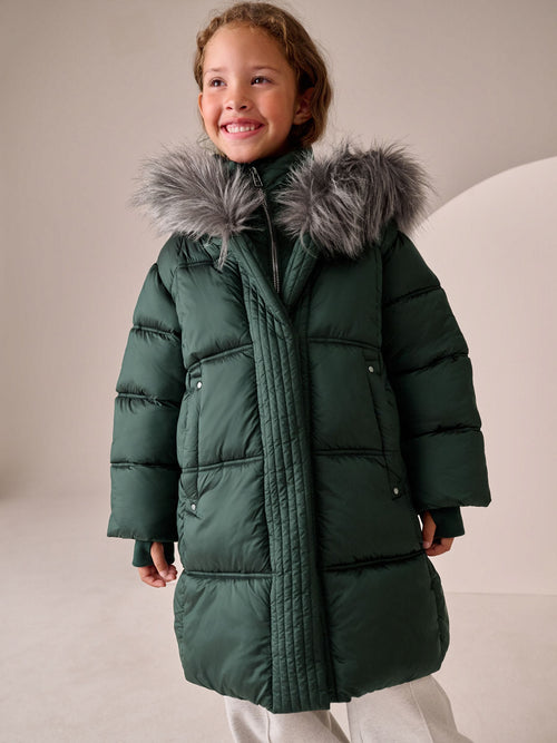 Green Shower Resistant Fur Trim Padded Coat (3-16yrs)
