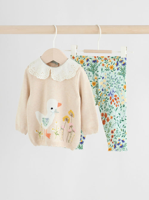 Neutral Duck/ Sage Ditsy Baby Knitted Jumper and Leggings 2 Piece Set (0mths-3yrs)