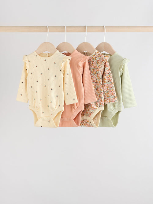Blue/Cream/Coral Ditsy Baby Long Sleeve Frill Bodysuits 4 Pack (0mths-2yrs)