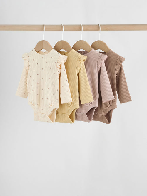 Purple/Yellow/Cream Ditsy Baby Long Sleeve Frill Bodysuits 4 Pack (0mths-2yrs)