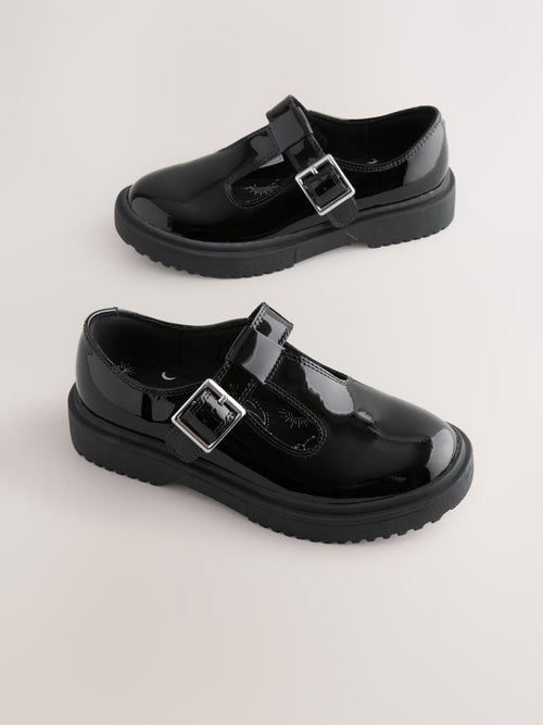 Black Chunky Leather T-Bar School Shoes
